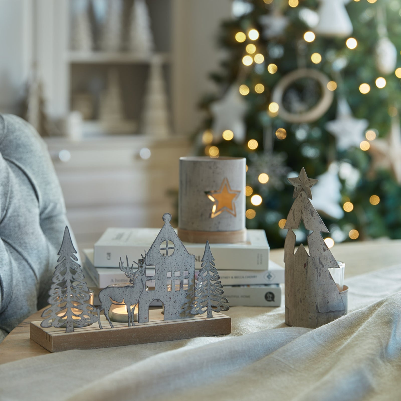 Rustic Metal Tealight Scene On Wood Stand