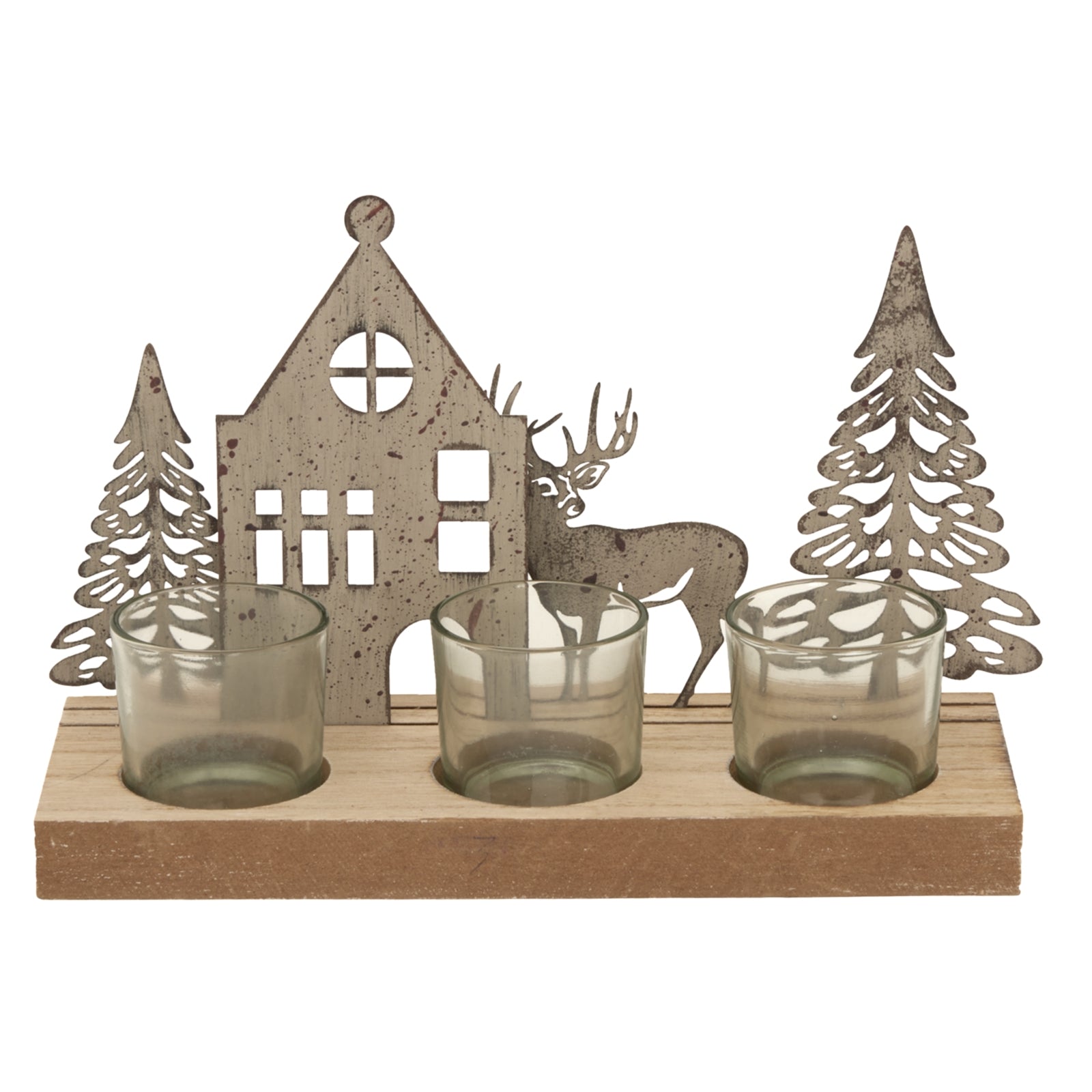 Rustic Metal Tealight Scene On Wood Stand